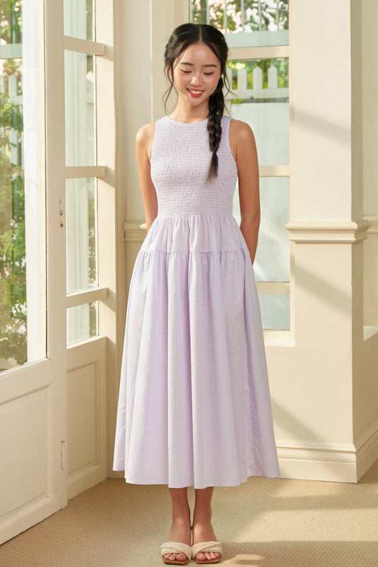 Camille midi dress in Lilac Check