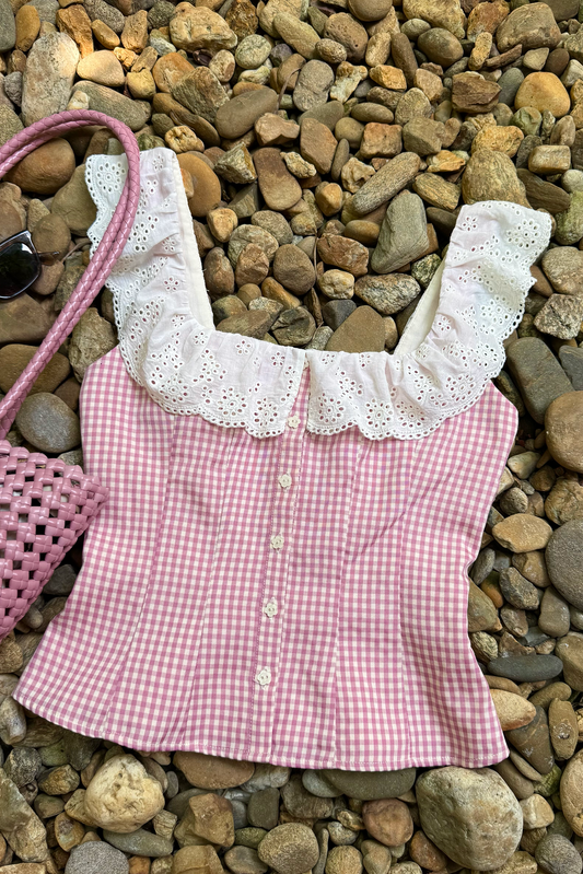 Xavia top in pink–cream checks