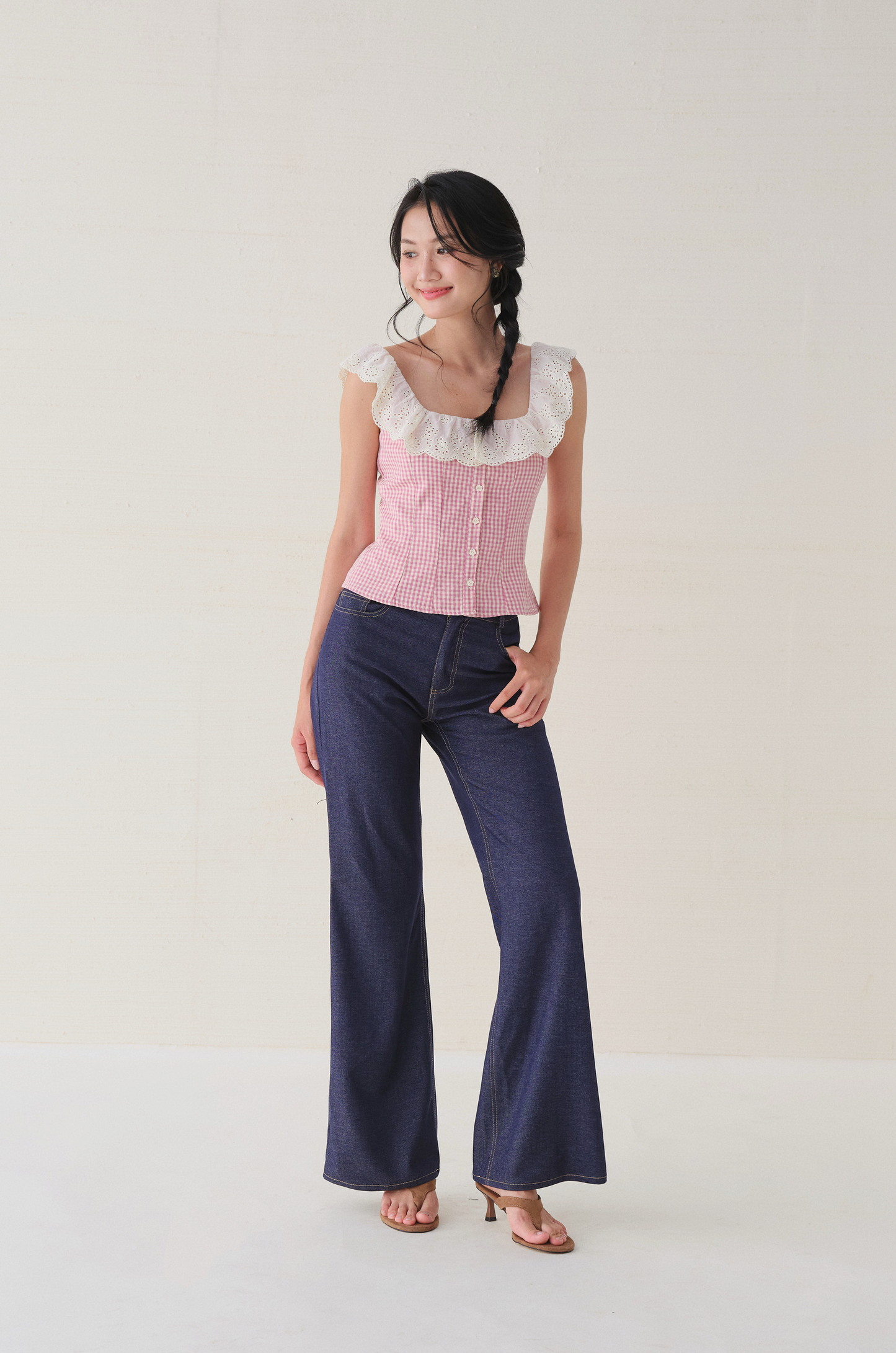 Xavia top in pink–cream checks