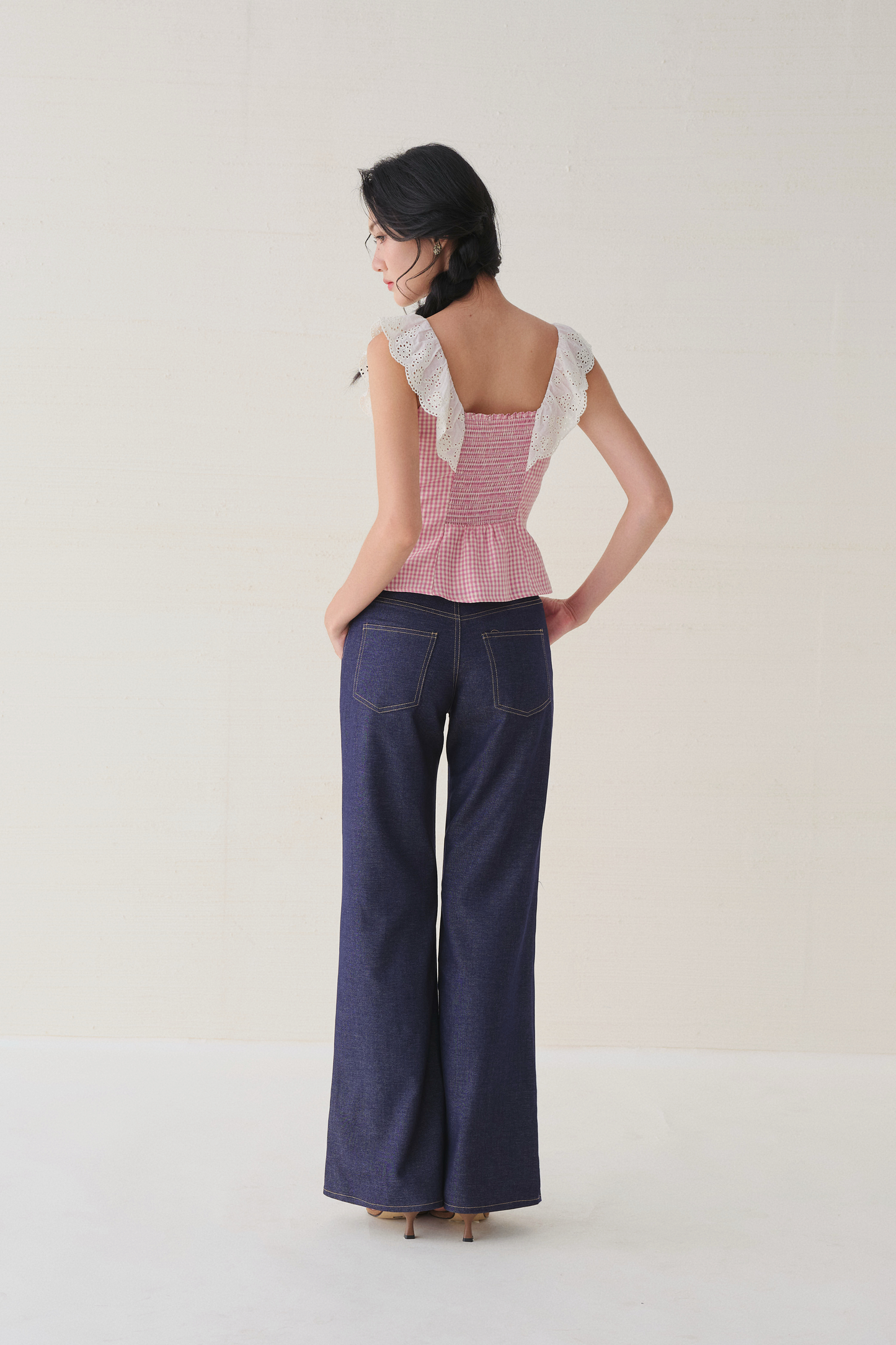 Xavia top in pink–cream checks