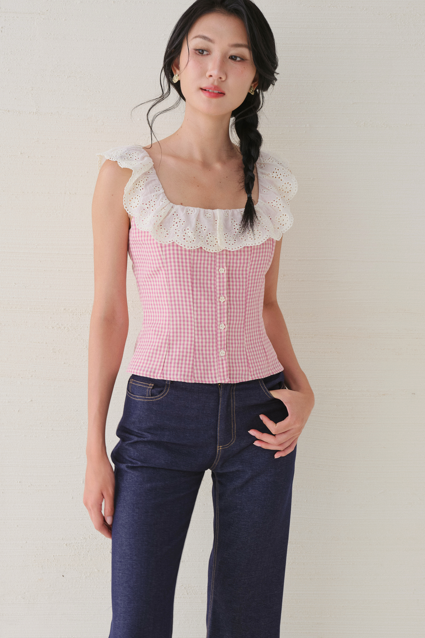 Xavia top in pink–cream checks