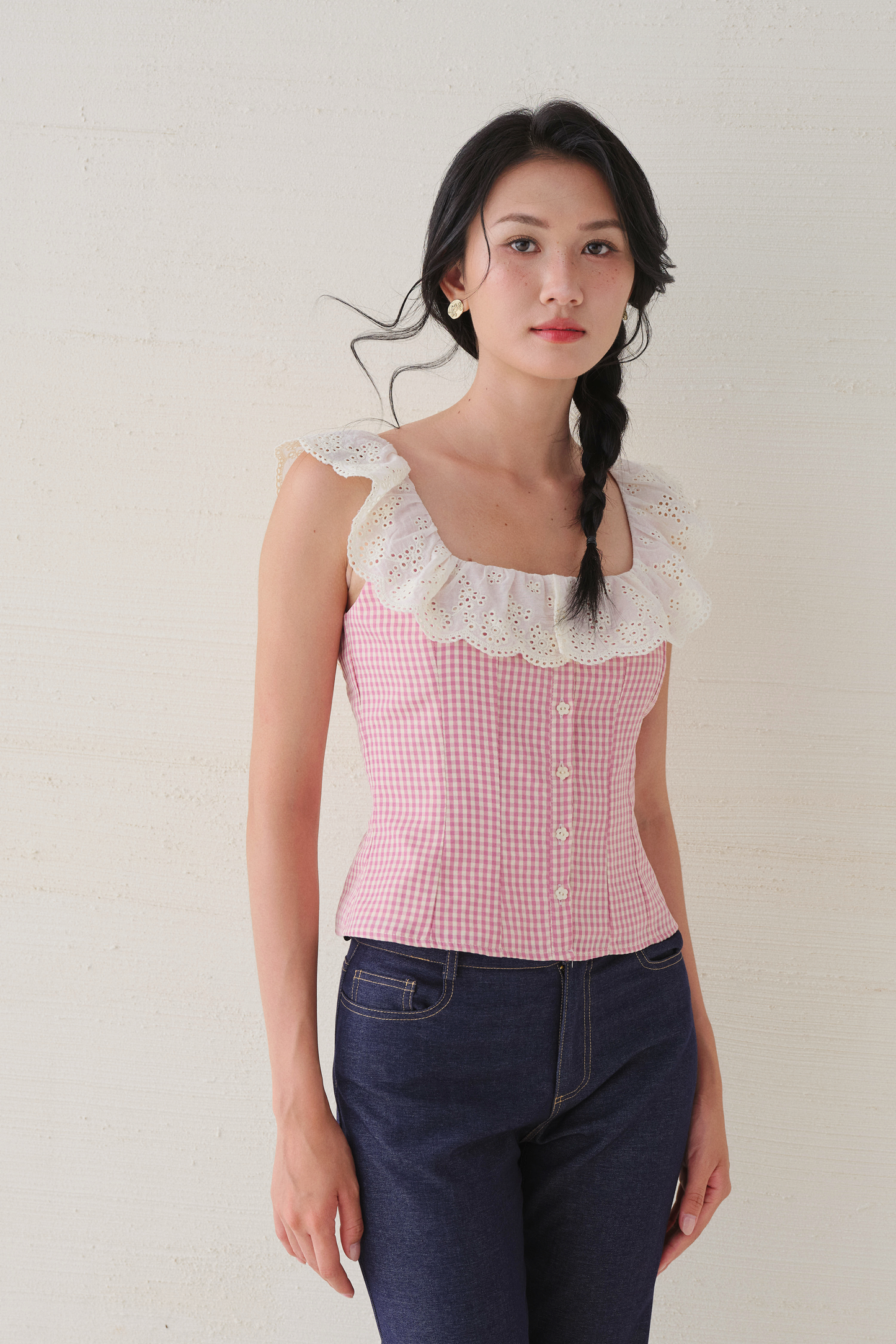 Xavia top in pink–cream checks