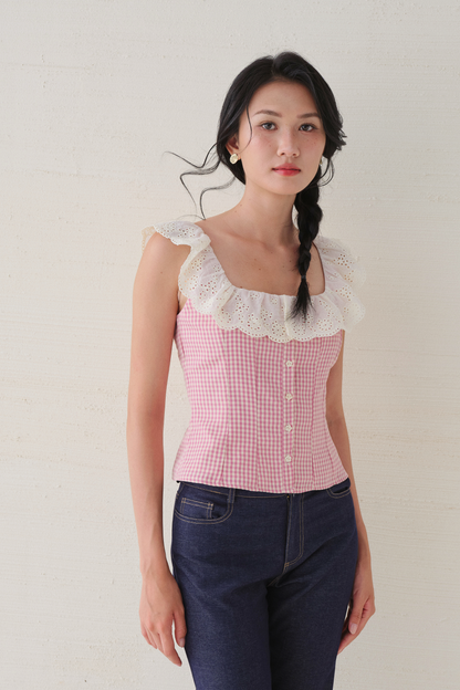 Xavia top in pink–cream checks
