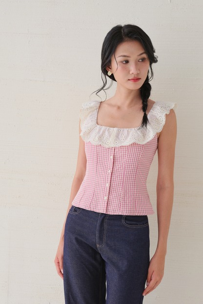 Xavia top in pink–cream checks