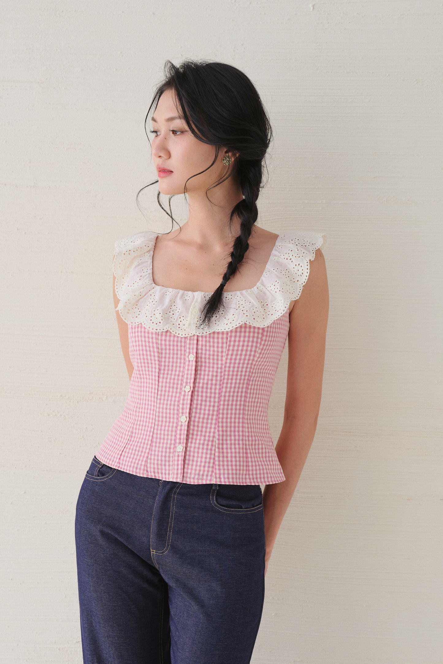 Xavia top in pink–cream checks